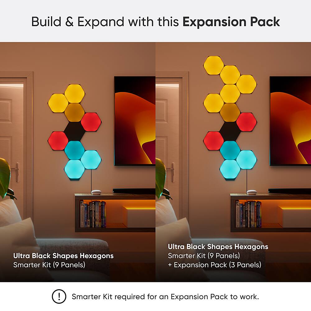 Build & Expand with this Expansion Pack Ultra Black Shapes Hexagons Smarter Kit (9 Panels) + Expansion Pack (3 Panels) ! Smarter Kit required for an Expansion Pack to work.