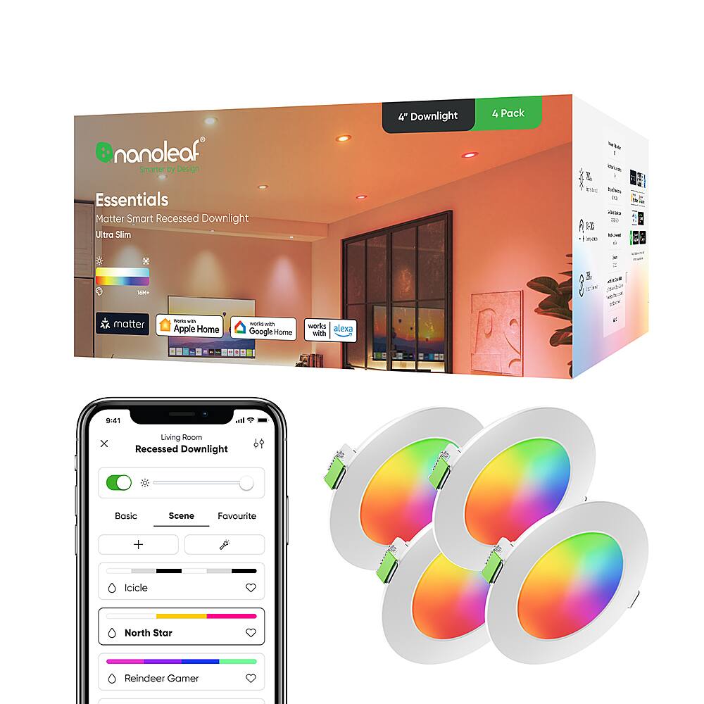 nanoleaf Smarter by Design Essentials Matter Smart Recessed Downlight Ultra Slim 4" Downlight 4 Pack - - 1 iue 1 Eidec Sabes i K - HE - - - a 5 - - M- matter Worio wn Apple Home morks - Google Home works lexa with - 9:41 cal x Living Room Recessed Downlight Basic Scene Favourite + Icicle North Star Reindeer Gamer