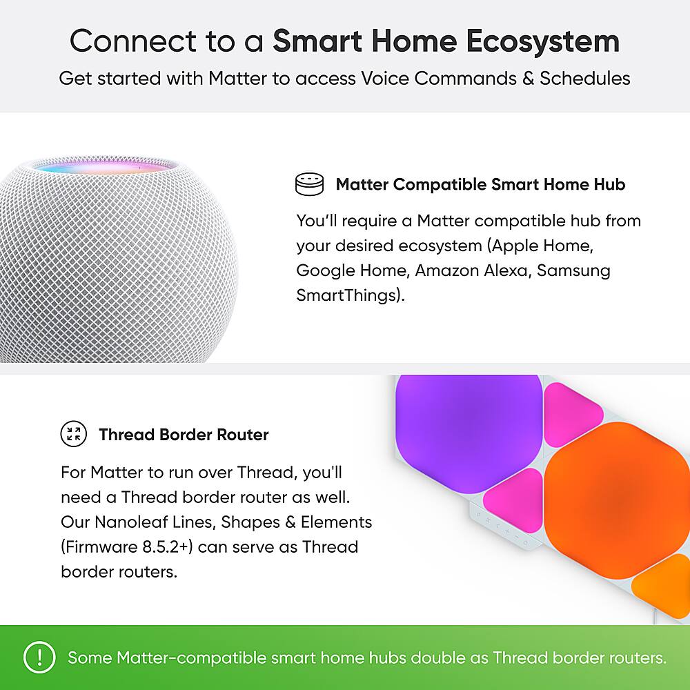 Connect to a Smart Home Ecosystem: Get started with Matter to access Voice Commands & Schedules. Matter Compatible Smart Home Hub: You'll require a Matter compatible hub from your desired ecosystem (Apple Home, Google Home, Amazon Alexa, Samsung SmartThings). Thread Border Router: For Matter to run over Thread, you'll need a Thread border router as well. Our Nanoleaf Lines, Shapes & Elements (Firmware 8.5.2+) can serve as Thread border routers. Some Matter-compatible smart home hubs double as Thread border routers.