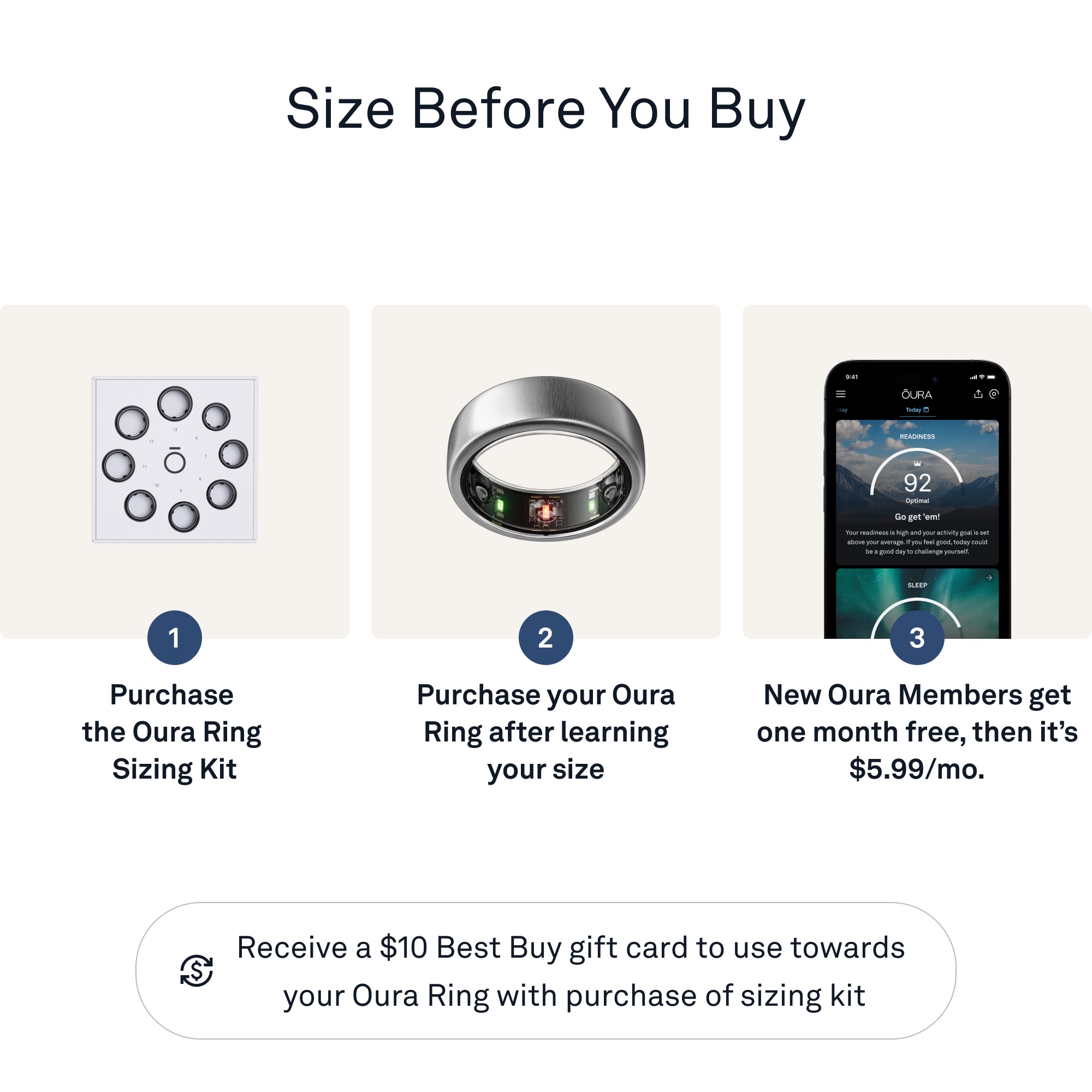 Size Before You Buy + OURA - RANINESS 92 - Go get 1 month free, then it's $5.99/mo. Receive a $10 Best Buy gift card to use towards your Oura Ring with purchase of sizing kit Purchase your Oura Ring after learning your size Purchase the Oura Ring Sizing Kit