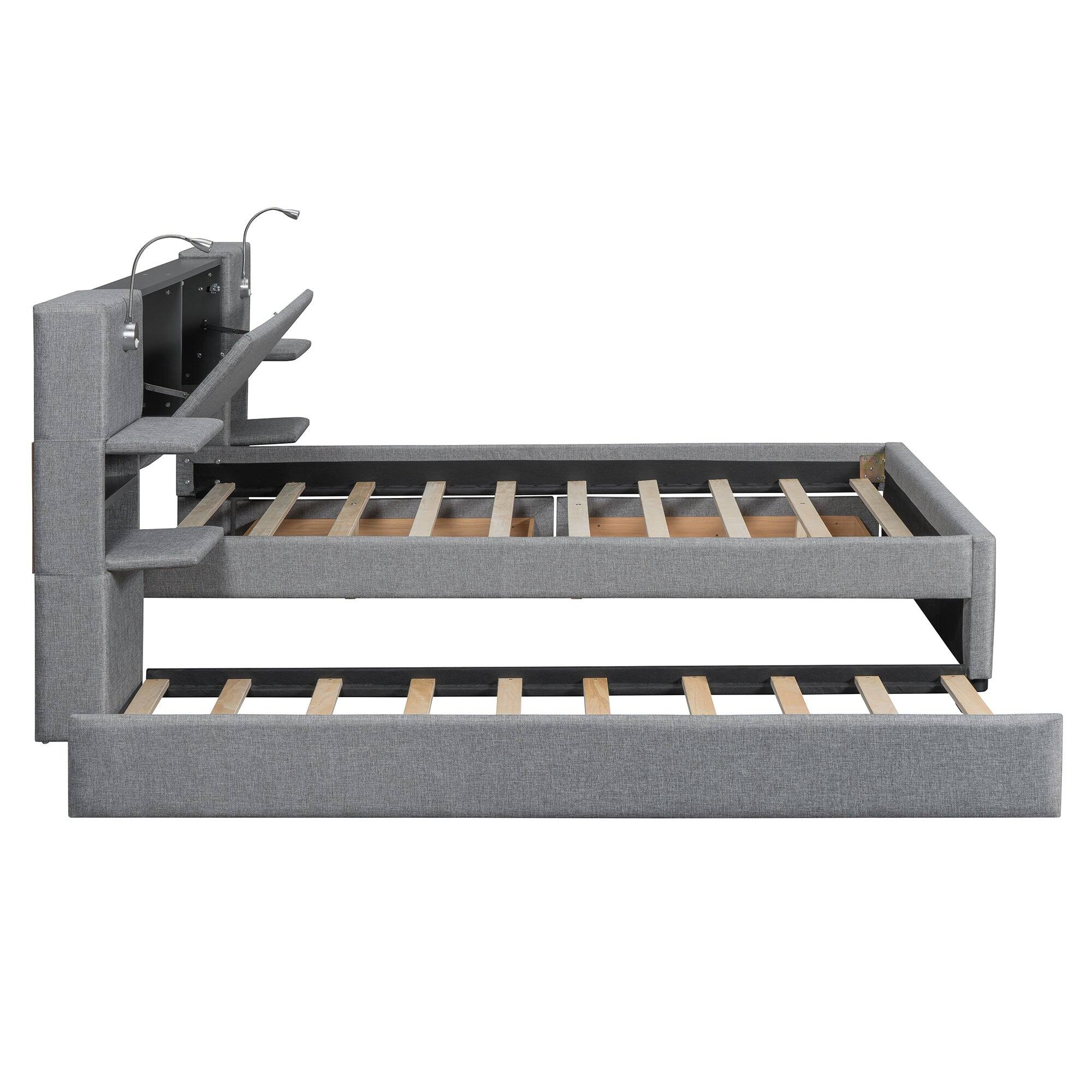 Alt View 4. Boyel Living - Queen Size Upholstered Platform Bed with Reading Lights, Drawers, Trundle, and Storage Shelves – Gray - Grey.