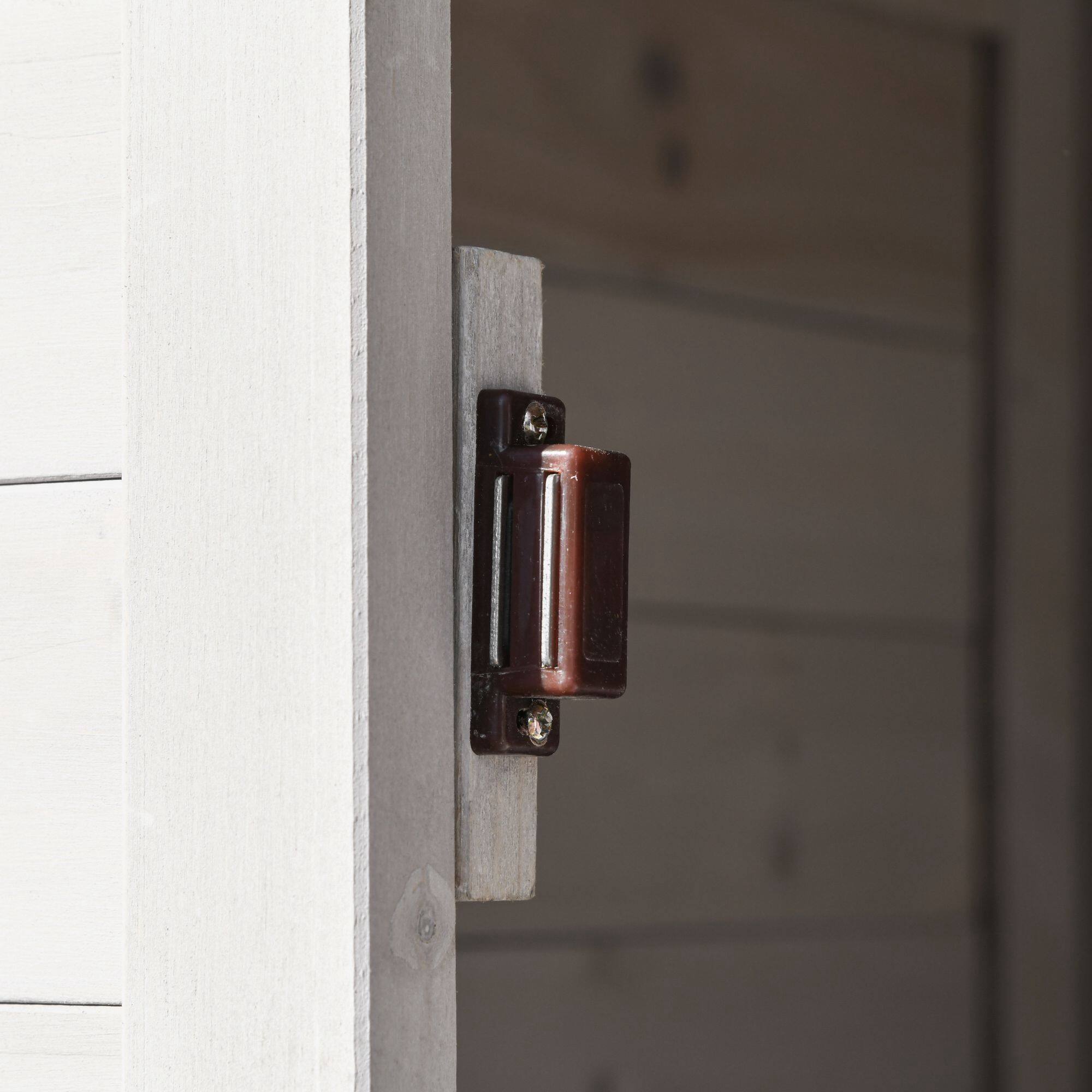 Left. APRILSOUL - Fir Wood Outdoor Storage Cabinet 4 Shelf Lockable Tool Shed with Sloped Tin Roof - Gray.