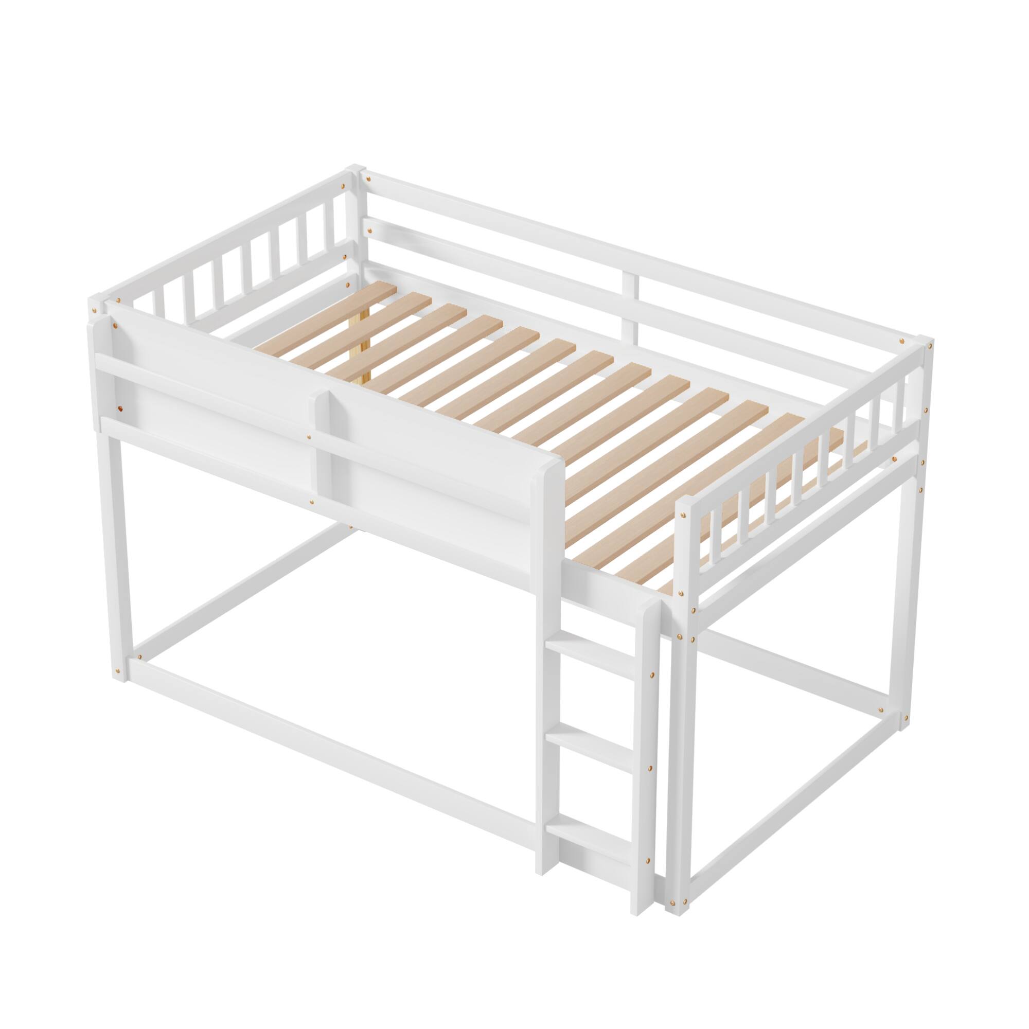 Alt View 7. GOODSILO - Low Twin Over Twin Solid Wood Bunk Bed with Ladder for Kids and Juniors - White.