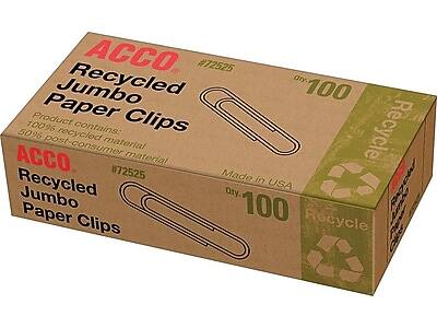 ACCO  
Recycled Jumbo Paper Clips  
#72525  

Product contains:  
100% recycled material  
50% post-consumer material  

Made in USA  

Qty. 100  

Recycle