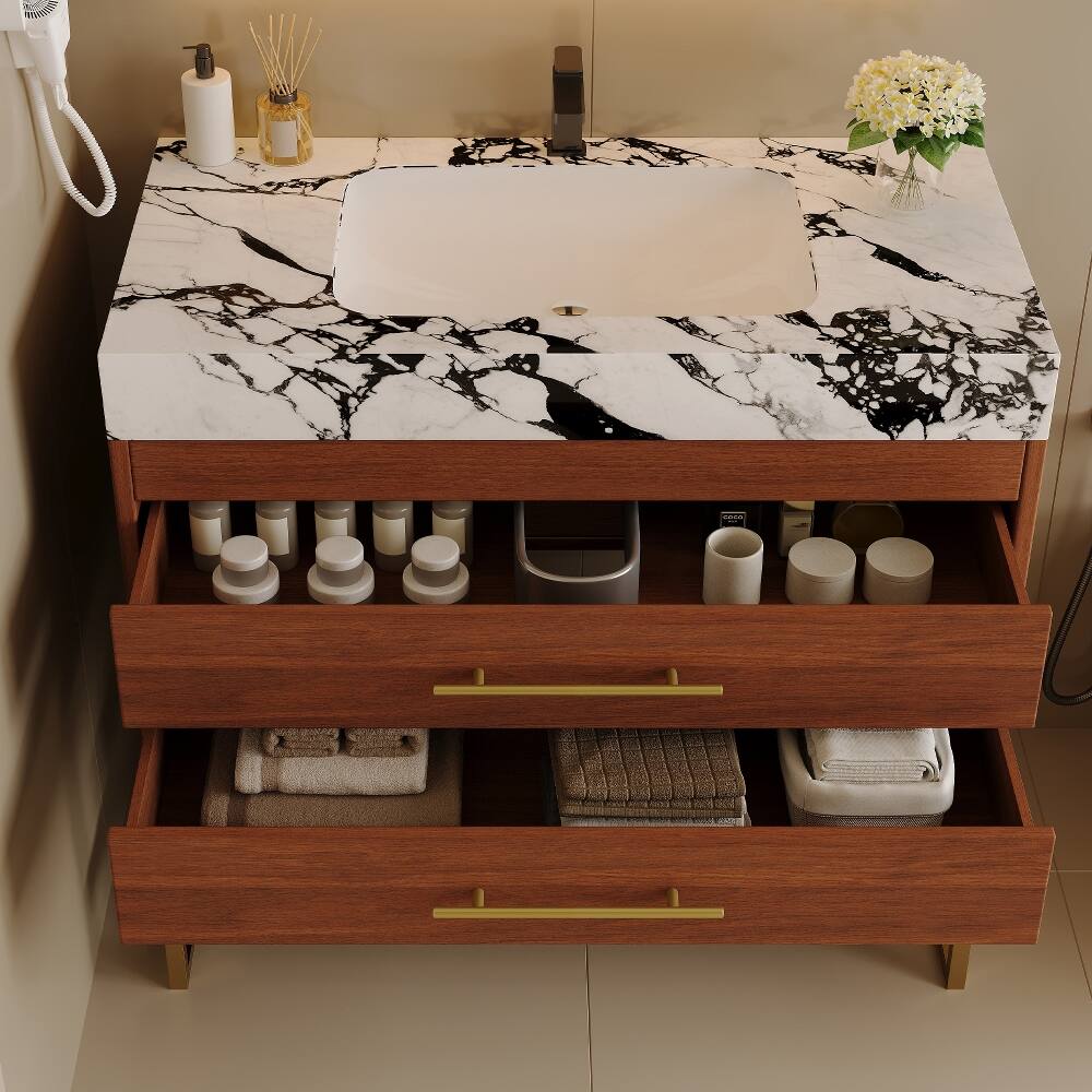 Alt View 1. Loheer - Loheer 30 inch freestanding bathroom vanity with sintered stone top, walnut and gold - Walnut, Gold, White.