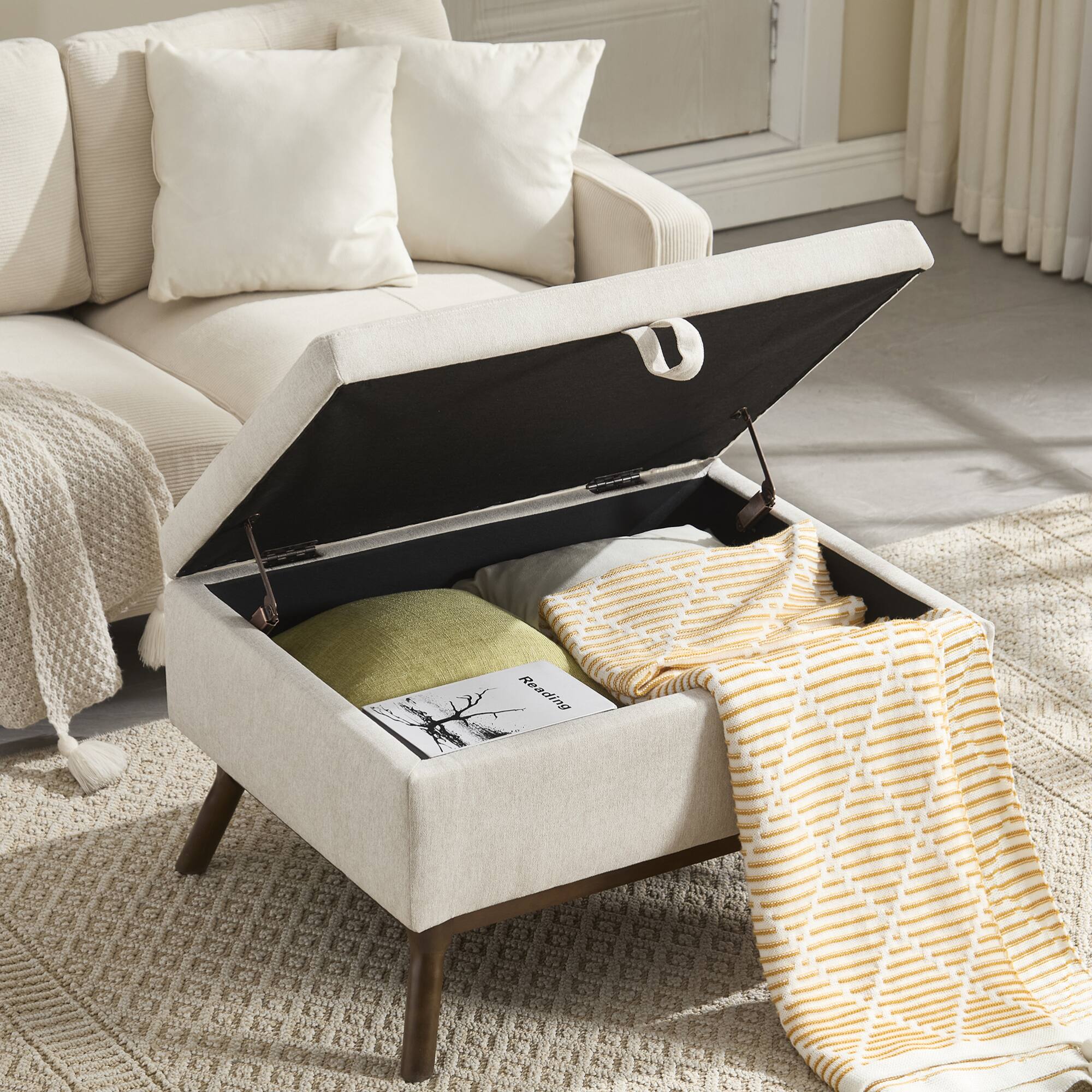 Alt View 2. GOODSILO - Mid-Century Modern Square Storage Ottoman Bench with Lift-Top Lid and Child Safety Hinge - Beige.