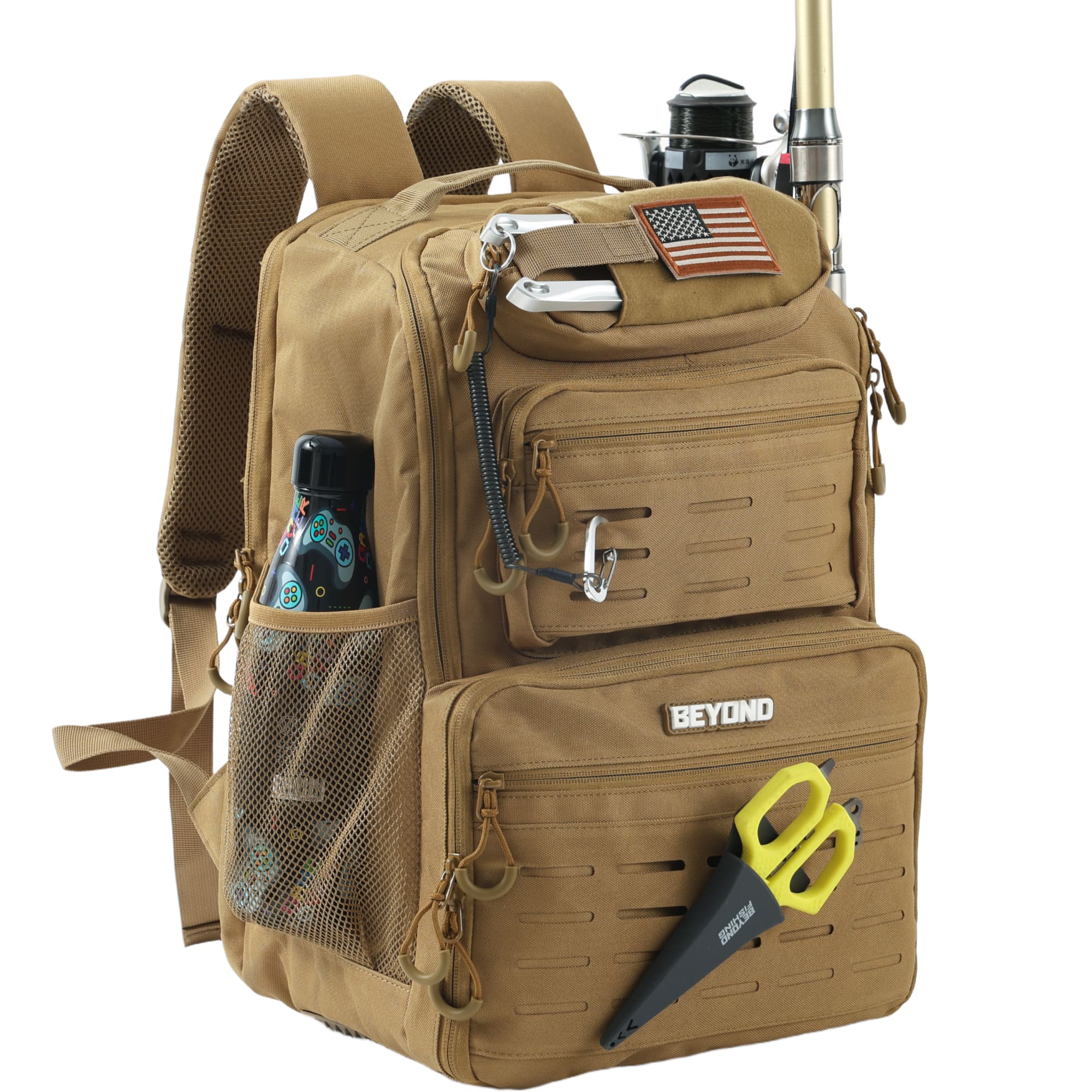 Beyond Braid - Beyond Fishing Tackle Backpack, 40L Water-Resistant Canvas, Rod Holders, MOLLE, Plier Slot, Fits 4 3600 Boxes - Tan