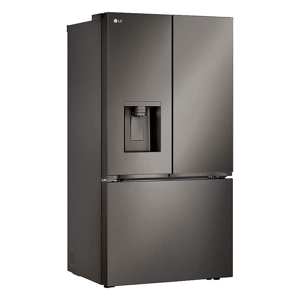 Angle. LG - Standard-Depth MAX 30.7 Cu. Ft. French Door Smart Refrigerator with Tall Ice and Water Dispenser - Black Stainless Steel.