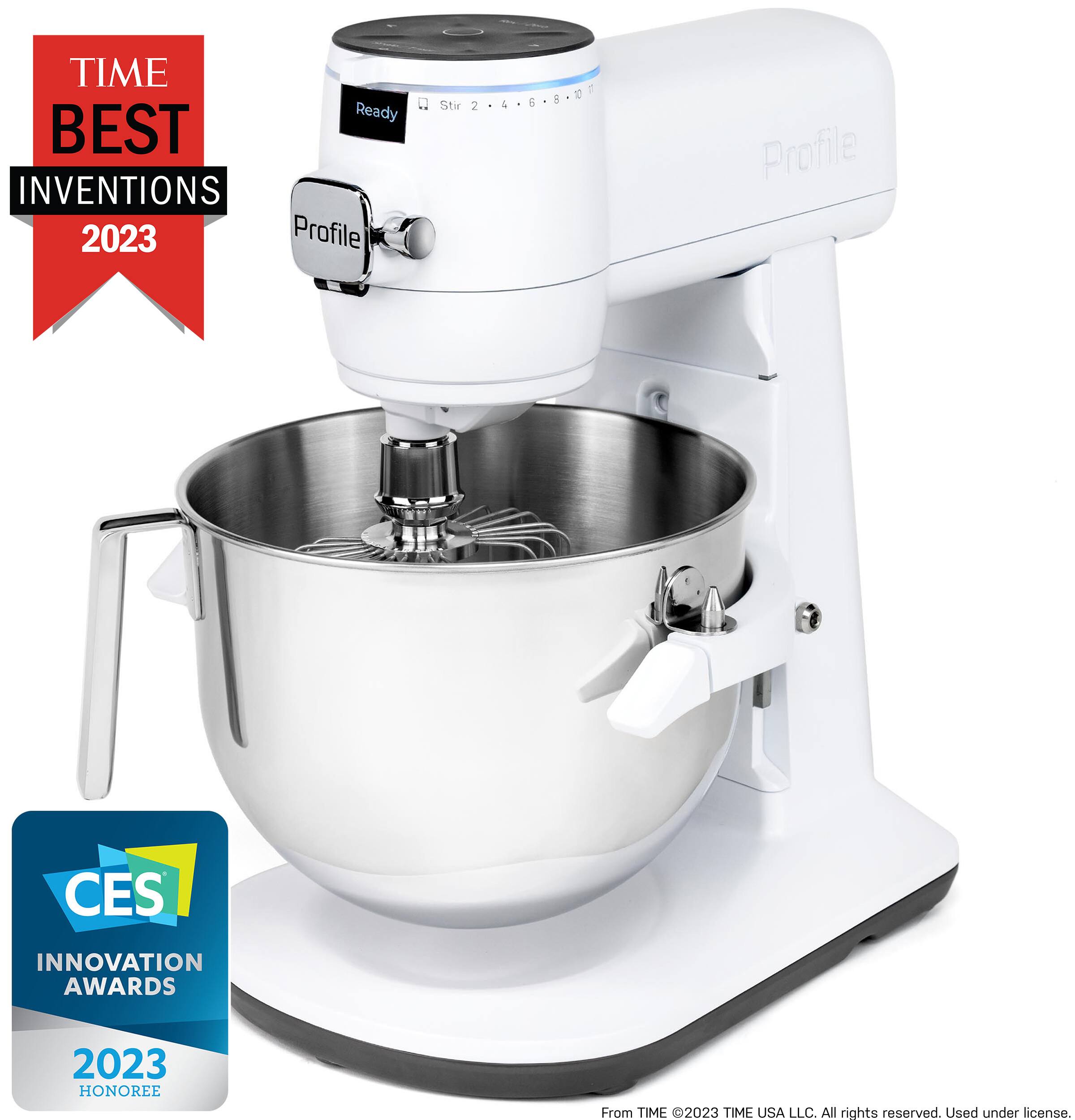 The image features a white electric mixer with a stainless steel bowl, which has won the CES Innovation Award in 2023. The mixer is designed to be easy to use and efficient, making it a popular choice for home bakers and cooks. The mixer is also equipped with a powerful motor and a high-quality stainless steel bowl, ensuring that it can handle a wide range of mixing tasks with ease.