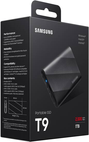Samsung T9 Portable SSD 1TB, Up to 2,000MB/s , USB 3.2 Gen2 Black Samsung T9 Portable SSD 1TB, Up to 2,000MB/s , USB 3.2 Gen2 Black