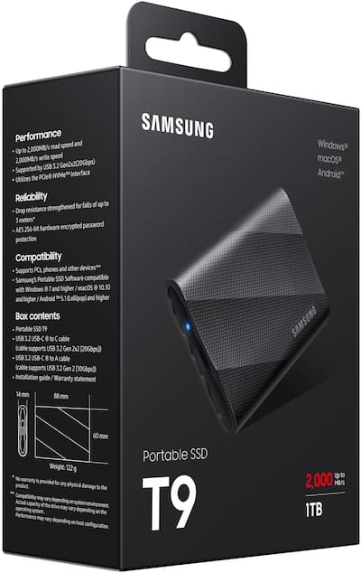 Samsung T9 Portable SSD 1TB, Up to 2,000MB/s , USB 3.2 Gen2 Black Samsung T9 Portable SSD 1TB, Up to 2,000MB/s , USB 3.2 Gen2 Black