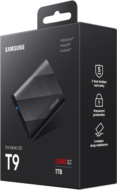 Samsung T9 Portable SSD 1TB, Up to 2,000MB/s , USB 3.2 Gen2 Black Samsung T9 Portable SSD 1TB, Up to 2,000MB/s , USB 3.2 Gen2 Black