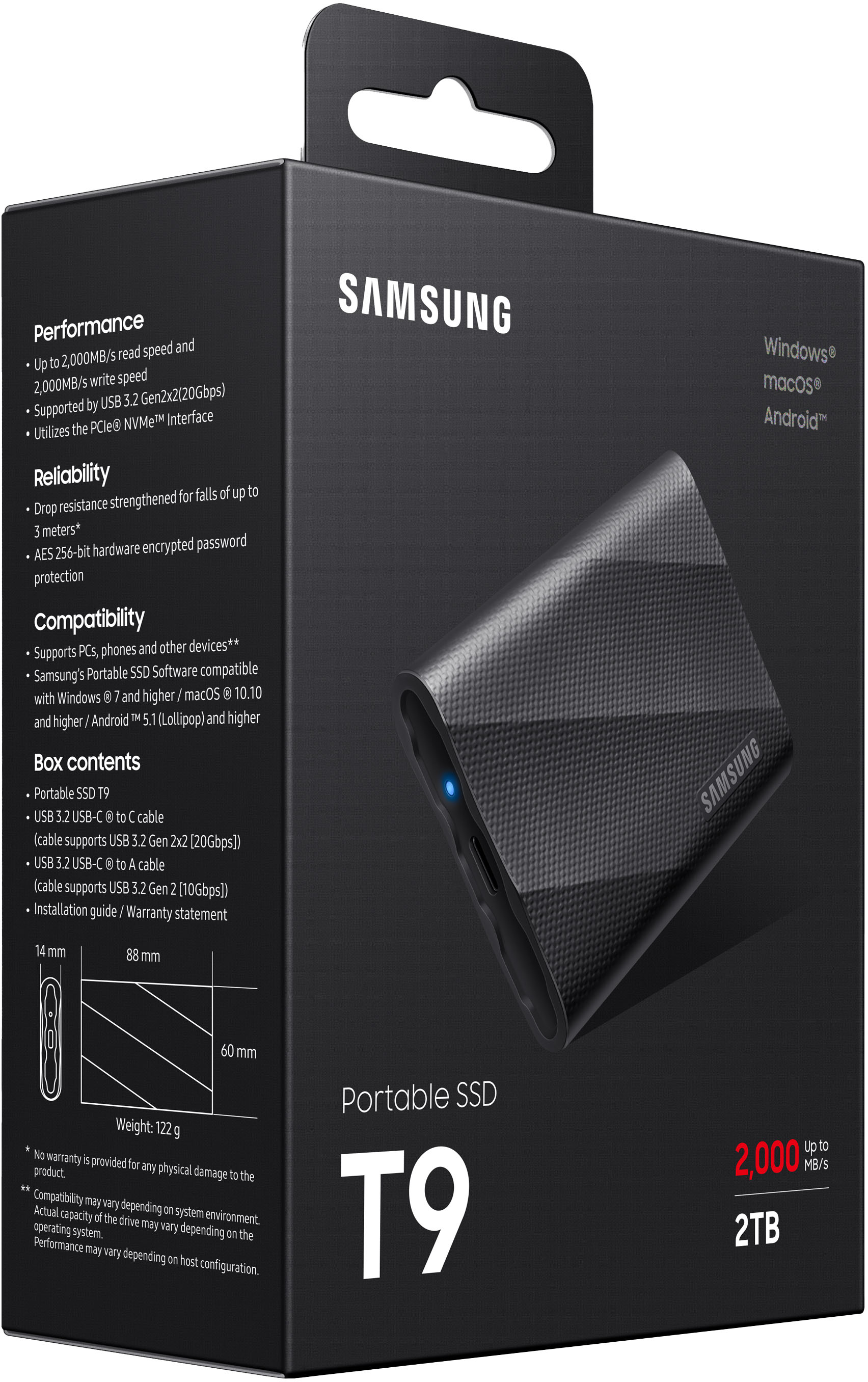 Samsung T9 Portable SSD 2TB, Up to 2,000MB/s, USB 3.2 Gen2 Black 