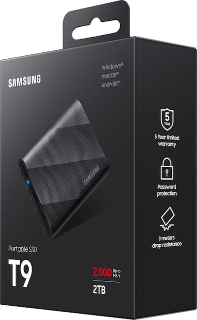 Samsung T9 Portable SSD 2TB, Up to 2,000MB/s, USB 3.2 Gen2 Black Samsung T9 Portable SSD 2TB, Up to 2,000MB/s, USB 3.2 Gen2 Black
