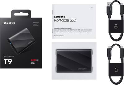 Samsung T9 Portable SSD 2TB, Up to 2,000MB/s, USB 3.2 Gen2 Black Samsung T9 Portable SSD 2TB, Up to 2,000MB/s, USB 3.2 Gen2 Black