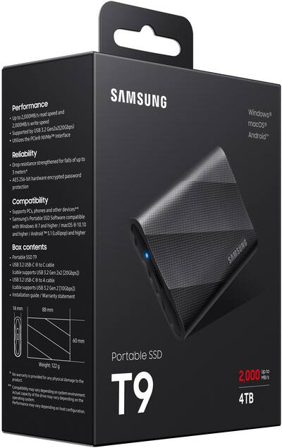 Samsung T9 Portable SSD 4TB, Up to 2,000MB/s, USB 3.2 Gen2 Black Samsung T9 Portable SSD 4TB, Up to 2,000MB/s, USB 3.2 Gen2 Black