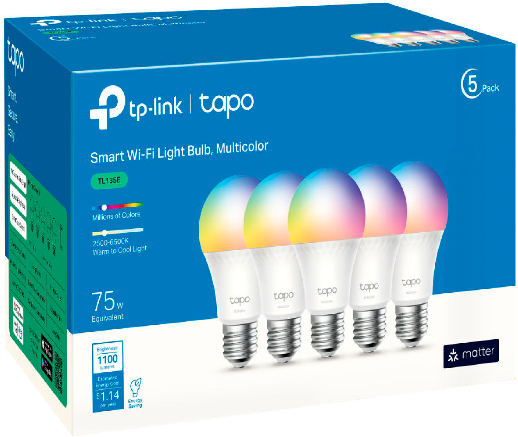 TP-Link - Tapo E26 Wi-Fi Smart LED Bulb (5-Pack) - Multicolor 6559365