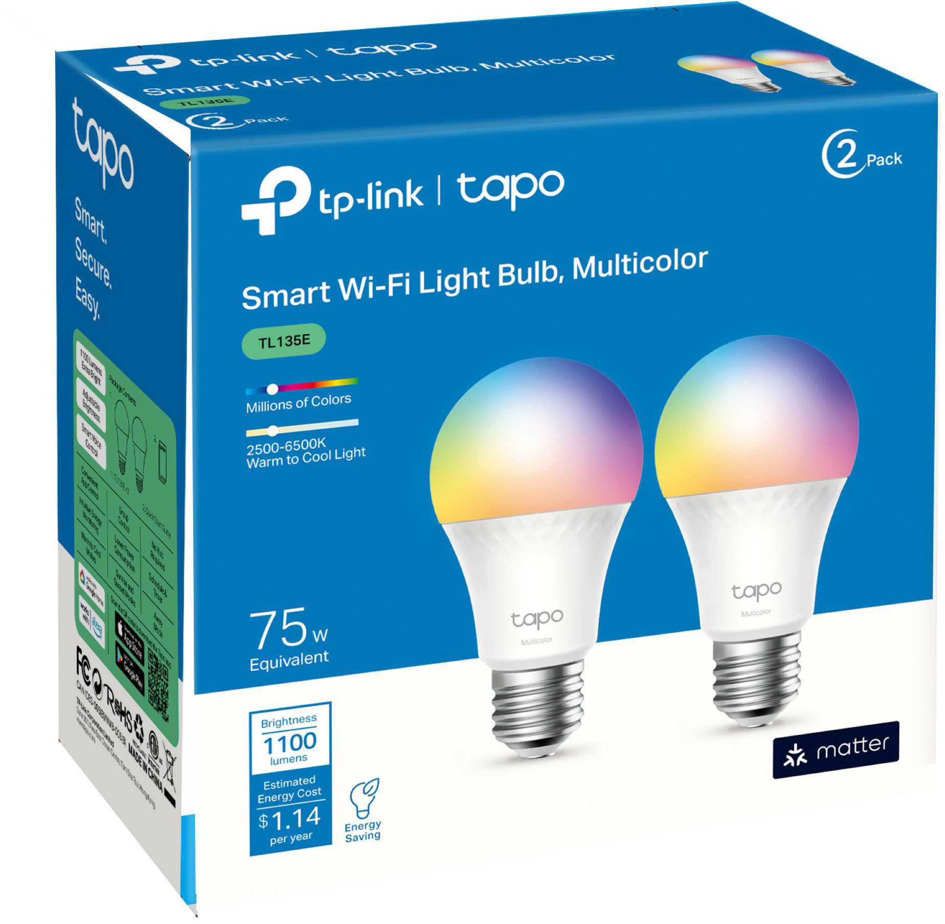 TP-Link Tapo E26 Wi-Fi Smart LED Bulb (2-Pack) Multicolor TL135E(2-pack) -  Best Buy