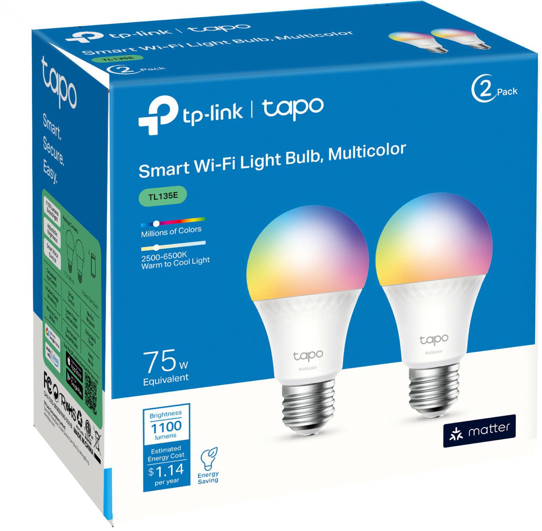 tp-link tapo Smart Wi-Fi Light Bulb, Multicolor 2 Pack - Millions of Colors, 2500-6500K Cool Light, Warm Light, 75 W Equivalent Brightness, 1100 lumens, Estimated Energy Cost $1.14 per year.