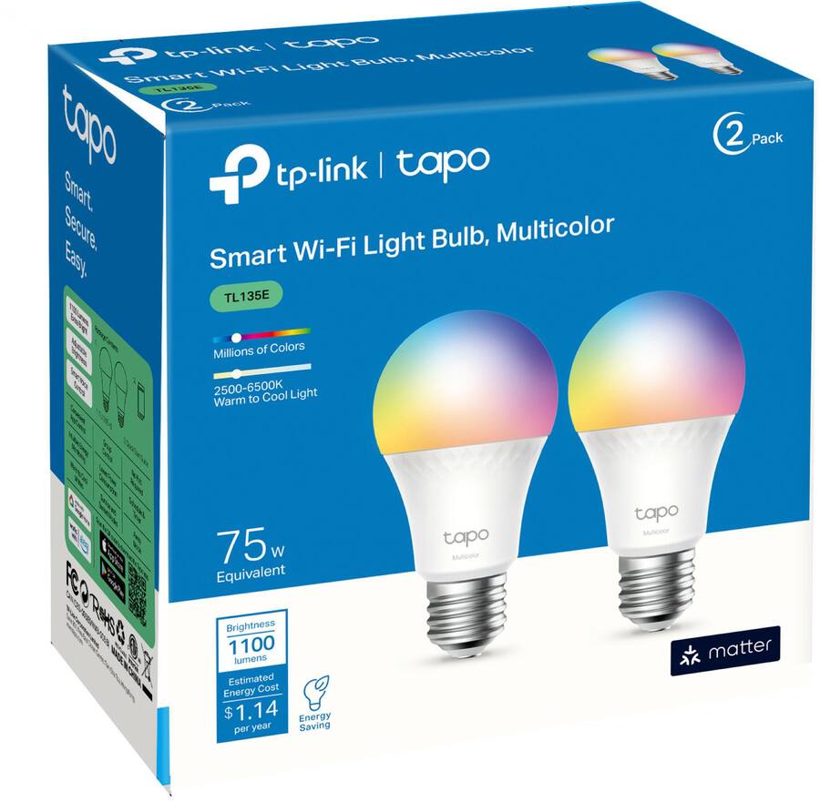 Tp Lighting TP Link Tapo A19 Wi Fi Smart LED Bulb (2 Pack) Multicolor TL135E(2-pack ...