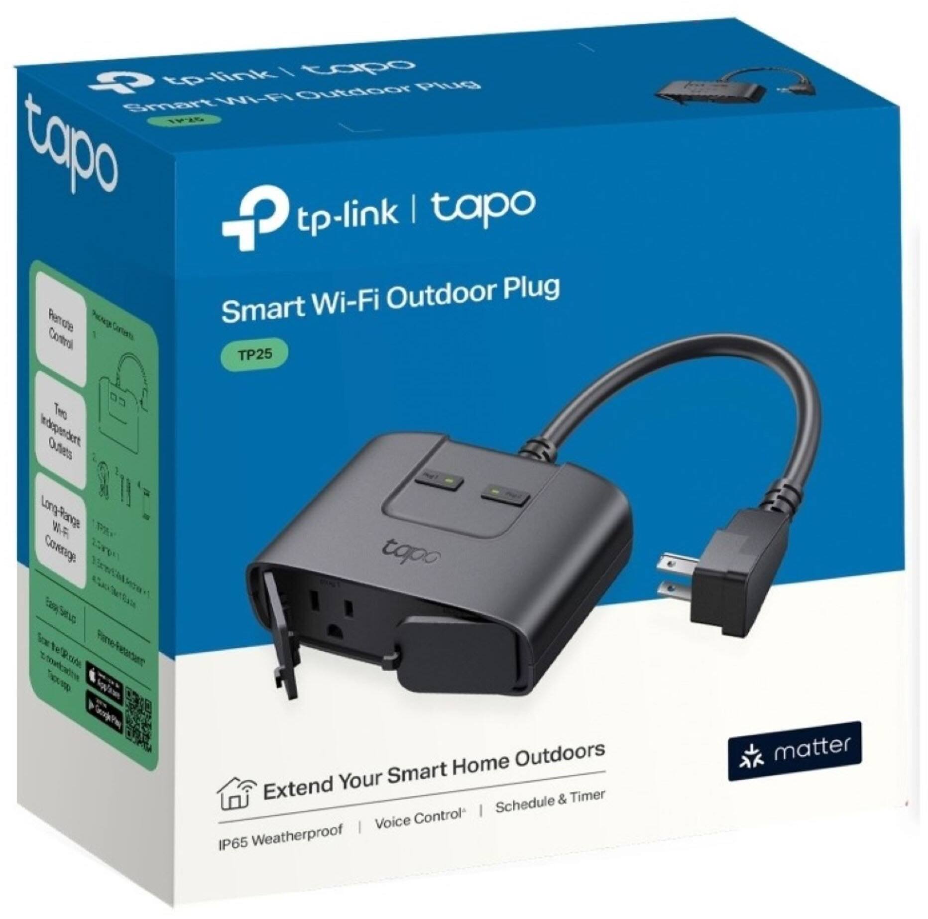tp-link I tapo 3 Outdoor Plug Smart WIF 9G tapo I tapo tp-link Wi-Fi Outdoor Plug Remote Smart Controllers TP25 CC Two Indigenous Outdoor Long-Range WA Covergn SeS a S noat /21d  topo Home Outdoors Your Smart Extend & Timer Schedule Voice Control IP65 Weatherproof Matter