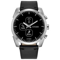 Citizen - CZ Smart Unisex Hybrid 42.5mm Stainless Steel Smartwatch with Black Leather Strap - Silver - Front_Zoom