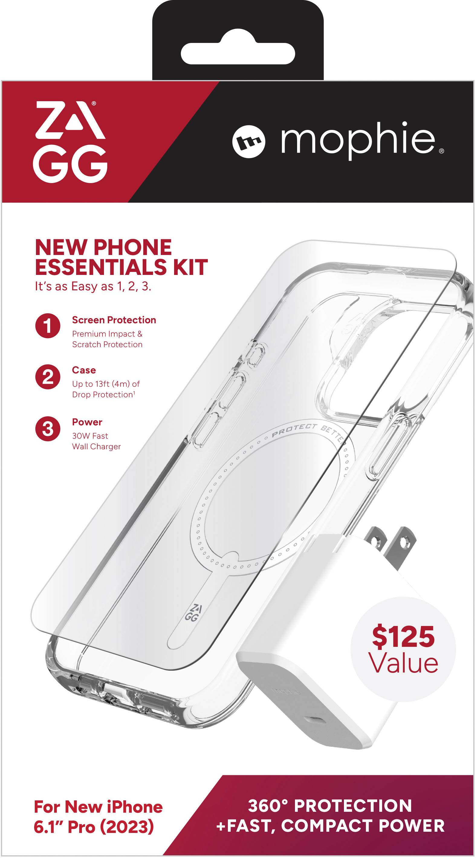 ZAGG - mophie New Phone Essentials Kit: 360 Protection + Fast, Compact Power for Apple iPhone 15 Pro - Clear/White