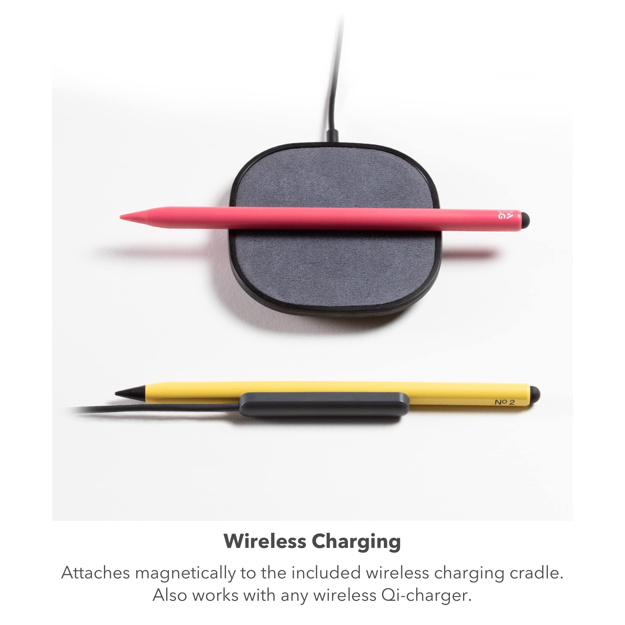 The text on the image reads: "Wireless Charging Attaches magnetically to the included wireless charging cradle. Also works with any wireless Qi-charger."