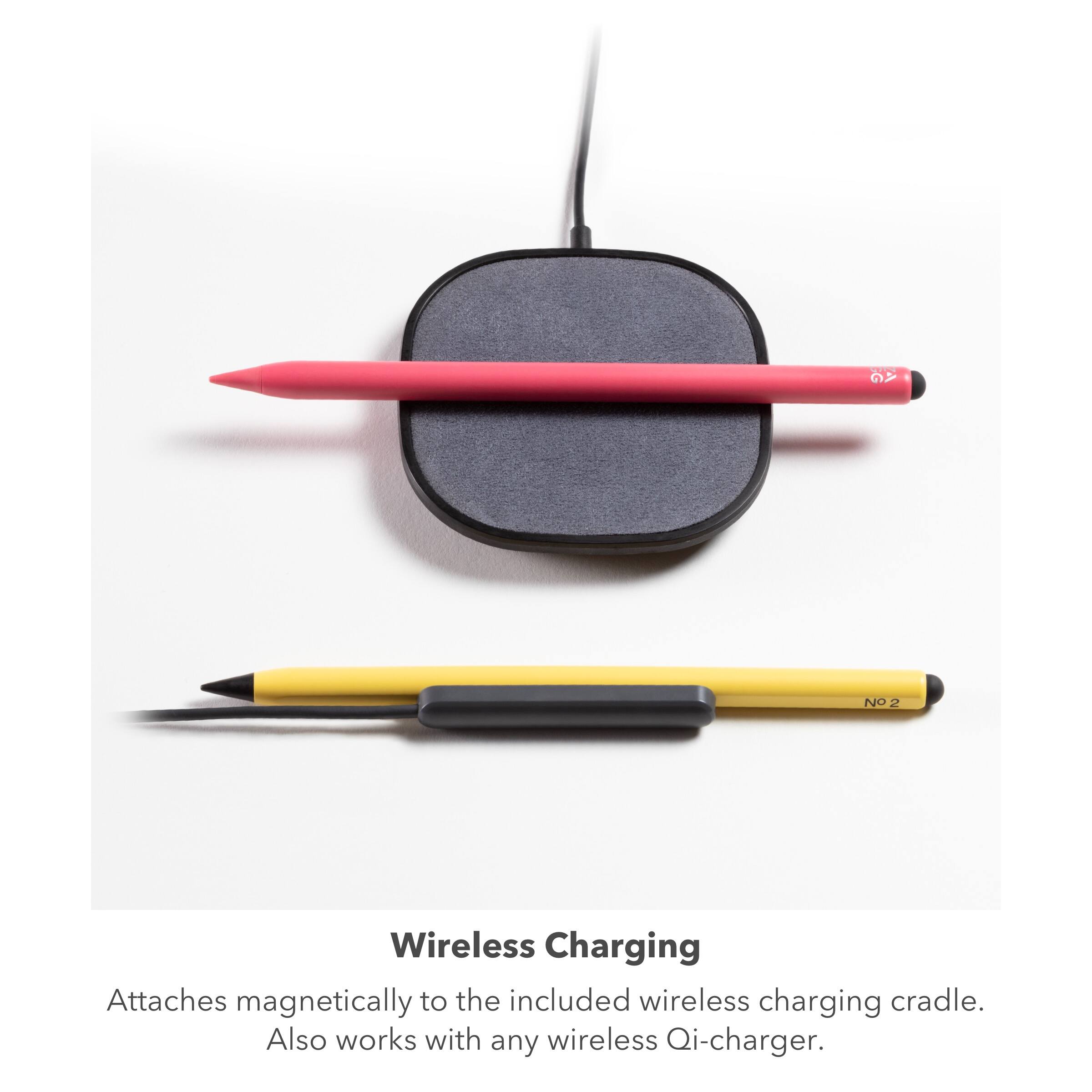 The text on the image reads: "Wireless Charging Attaches magnetically to the included wireless charging cradle. Also works with any wireless Qi-charger."