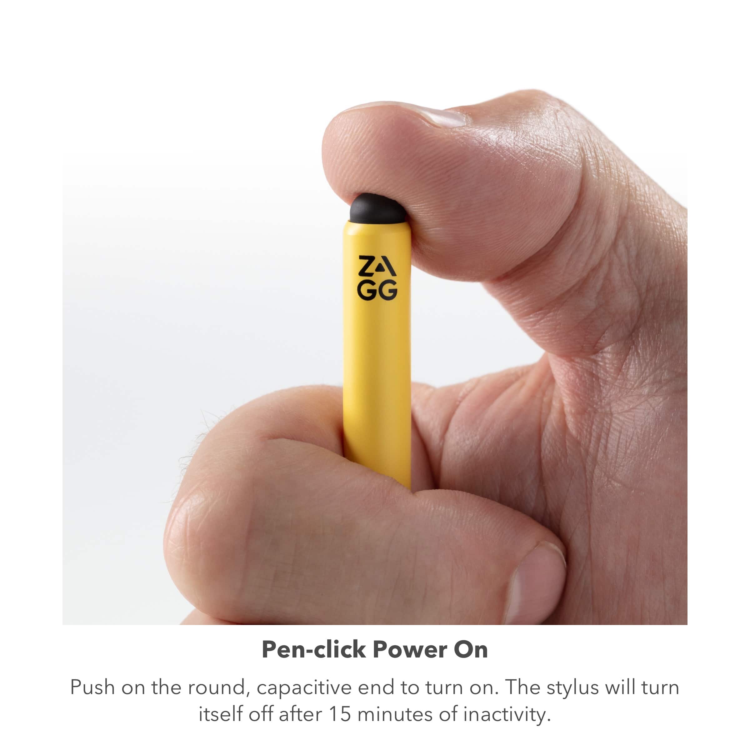 The text on the image reads: "ZA GG Pen-click Power On Push on the round, capacitive end to turn on. The stylus will turn itself off after 15 minutes of inactivity."