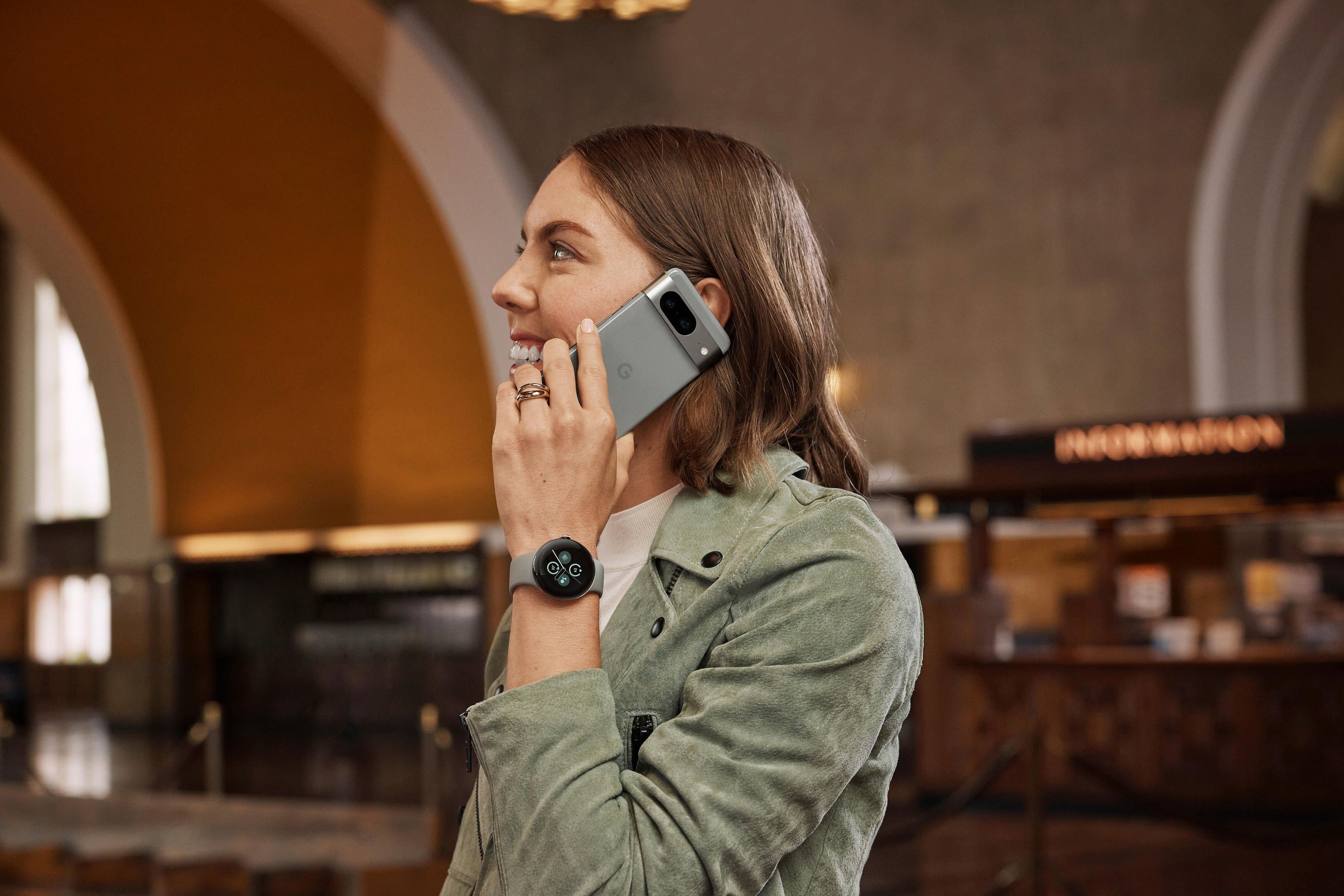 Alt View 2. Google - Pixel Watch 2 Champagne Gold Smartwatch with Hazel Active Band Wi-Fi - Champagne Gold.