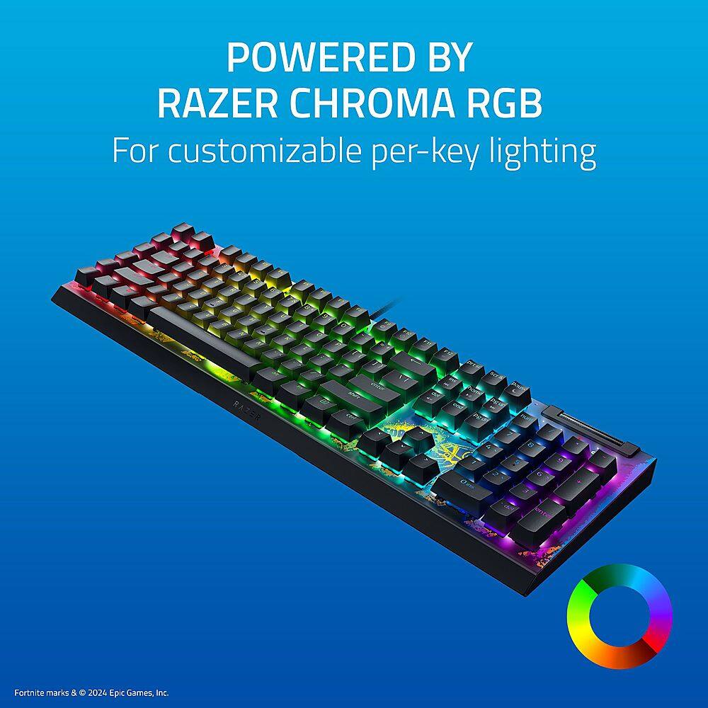 The text on the image reads: "Powered by Razer Chroma RGB for customizable per-key lighting."