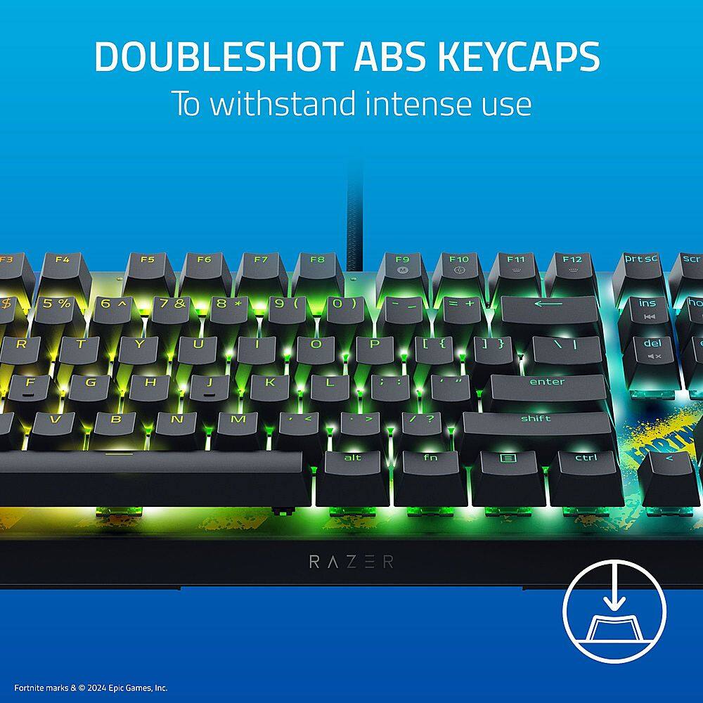 The text on the image reads: "DOUBLESHOT ABS KEYCAPS To withstand intense use F3 F4 F5 FG F7 F8 F9 M F10 F11 F12 prtSC scr - $ 5% 6 7 & 8 9 I O I - = + ins HM ho R T Y U I O T P [ { ] } I del - - - F G H J K L : : : enter V B N M < > alt I ? in shift ctrl RTN RAZER Fortnite marks & o 2024 Epic Games, Inc."