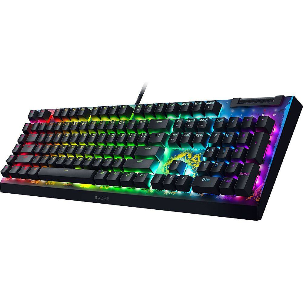 The image features a colorful keyboard with a rainbow design. The keyboard has a total of 15 buttons, including letters, numbers, and function keys. The buttons are arranged in rows, with the letters and numbers occupying the top row, and the function keys in the bottom row. The keyboard is designed to be visually appealing and easy to use.