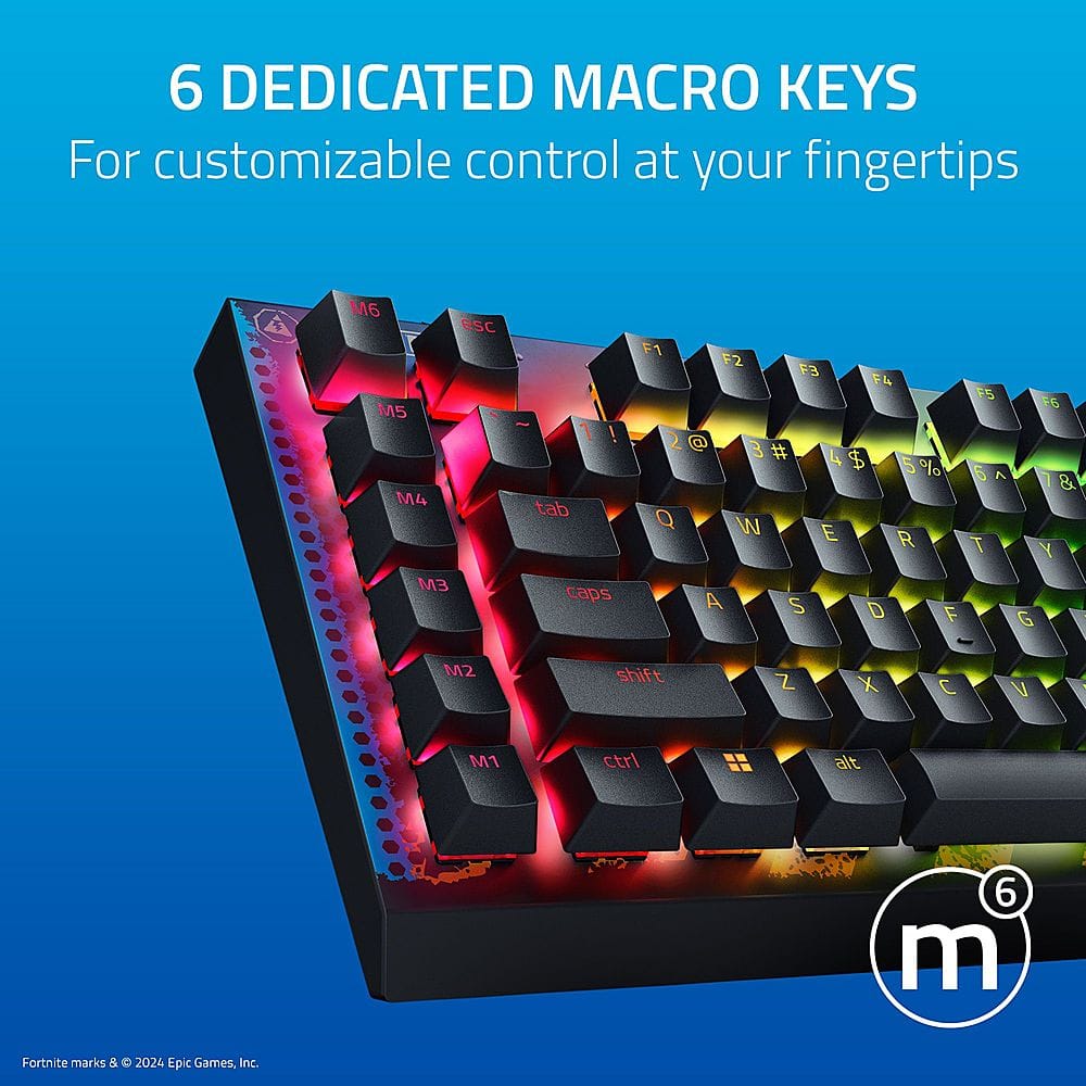 The text on the image reads: "6 DEDICATED MACRO KEYS For customizable control at your fingertips M6 M5 M4 esc - 1 tab ! F1 2 Q F2 F3 F3 # 4 $ 5 % W E R F5 6 A T F6 & Y M3 caps A S D F G M2 shift X C V M1 ctrl .. . alt 6 m Fortnite marks & 2024 Epic Games, Inc."