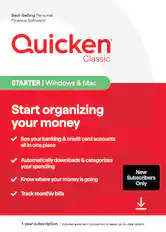 Best-Selling Personal Finance Software Quicken Classic STARTER for Windows & Mac: Start organizing your money. See your banking & credit card accounts all in one place. Automatically downloads & categorizes your spending. New: Know where your money is going. Only track monthly bills. 1-year subscription | Includes automatic connection to the latest, up-to-date version.