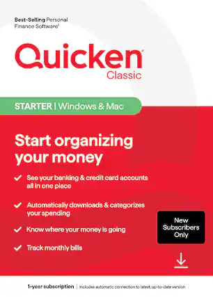 Best-Selling Personal Finance Software Quicken Classic STARTER for Windows & Mac: Start organizing your money. See your banking & credit card accounts all in one place. Automatically downloads & categorizes your spending. New: Know where your money is going. Only track monthly bills. 1-year subscription | Includes automatic connection to the latest, up-to-date version.