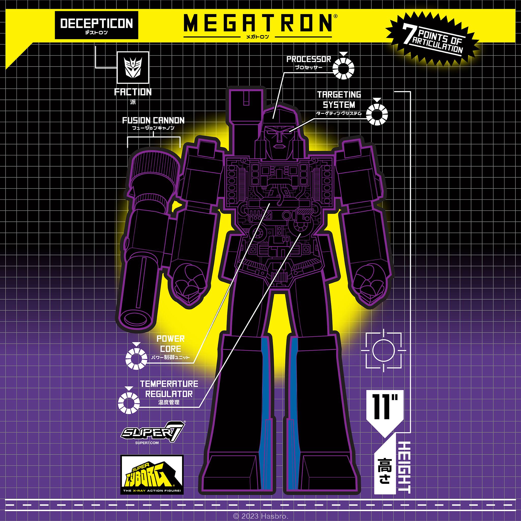 The image features a purple and black action figure of Megatron from the Transformers franchise. The figure is a Decepticon and has a fusion cannon as part of its design. The toy is displayed in a purple background, and it is described as having seven articulation points. The image also includes a diagram of the Megatron action figure, providing a detailed look at its internal components and features.