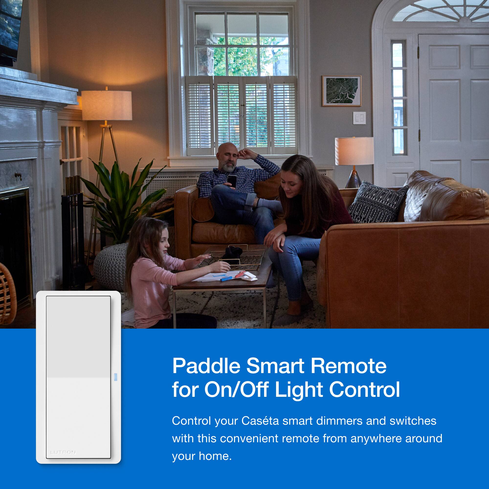 Paddle Smart Remote for On/Off Light Control: Control your Casta smart dimmers and switches with this convenient remote from anywhere around your home.