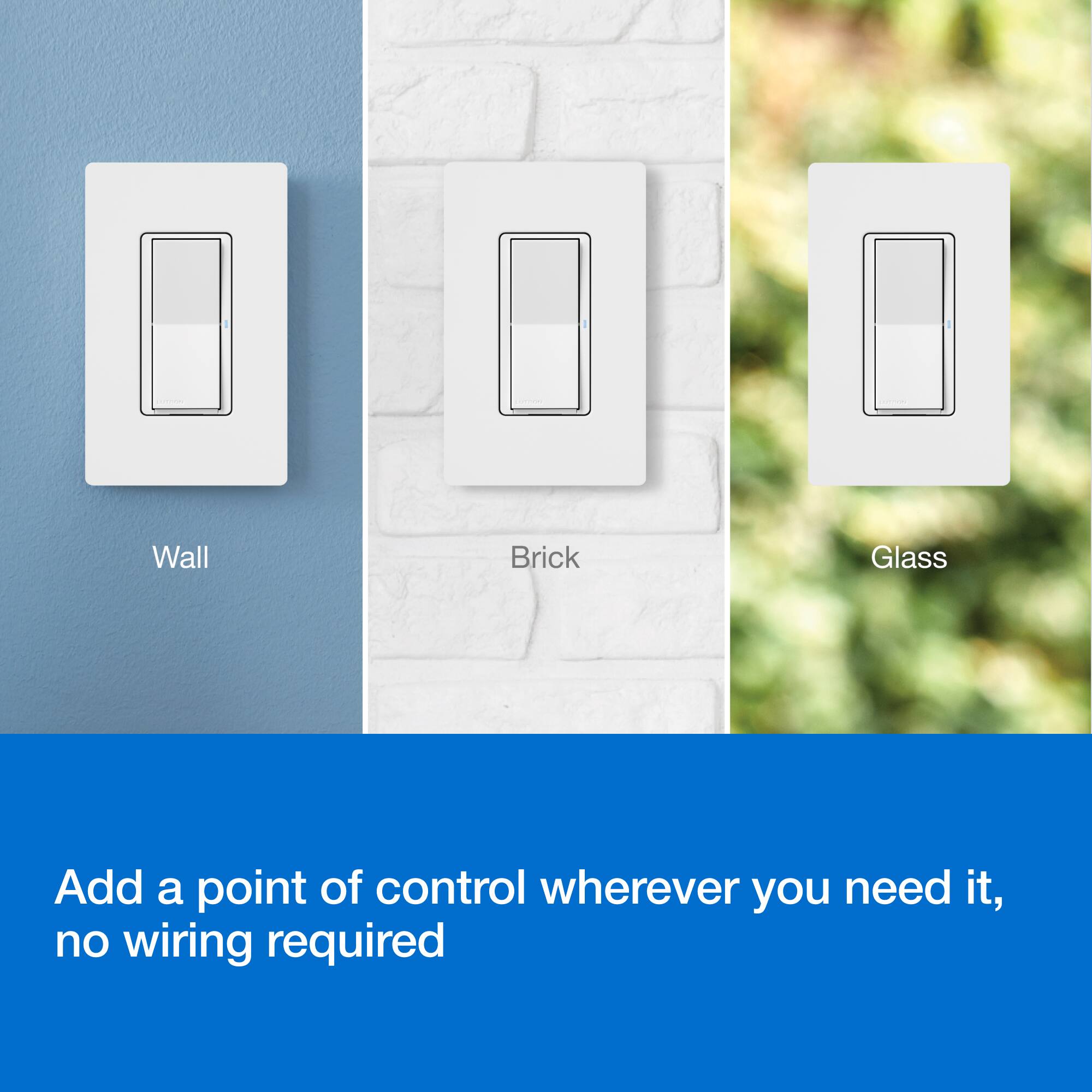 The text on the image reads: "Wall Brick Glass Add a point of control wherever you need it, no wiring required."