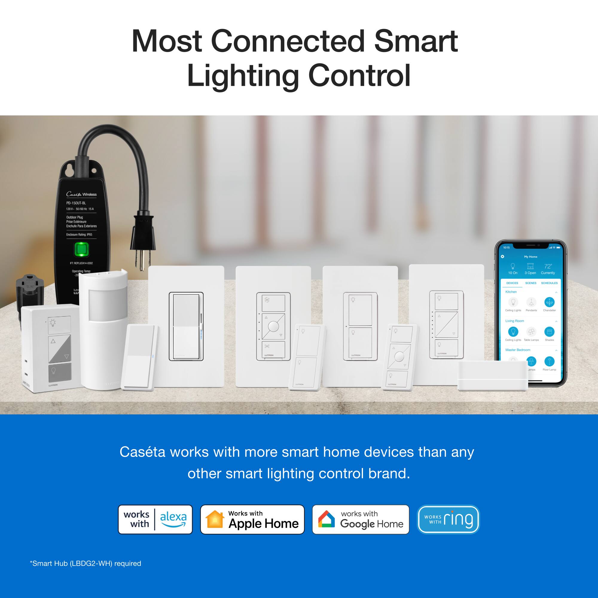 Most Connected Smart Lighting Control: Casta works with more smart home devices than any other smart lighting control brand. Casta works with Alexa, Apple Home, and Google Home. Smart Hub (LBDG2-WH) required.