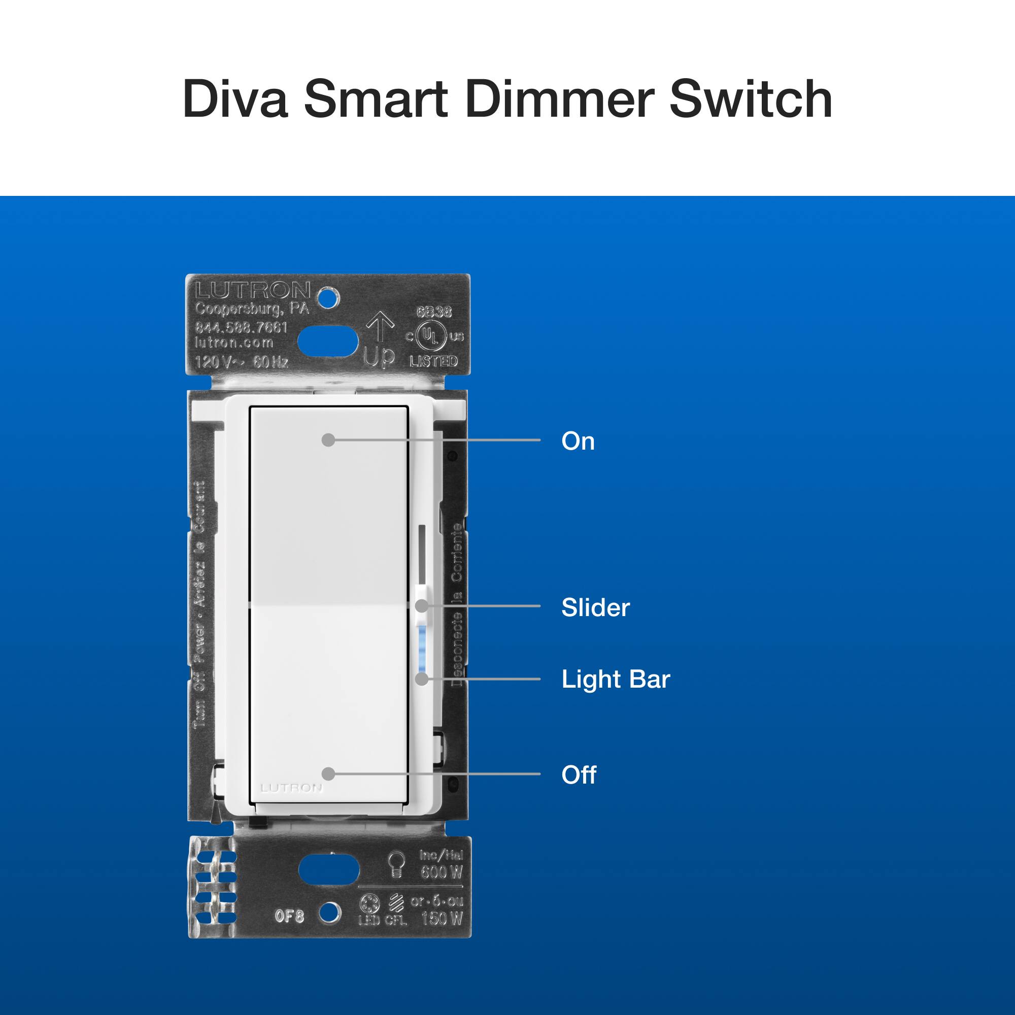 The image features a close-up view of a Diva Smart Dimmer Switch, which is a type of electrical switch. The switch is made by Lutron, a company based in Coopersburg, Pennsylvania. The switch is designed to control lighting in a room, and it can be used to turn lights on or off, adjust their brightness, and even set timers for when the lights should be turned on or off. The switch is a smart device that can be controlled using a smartphone or tablet, providing users with greater convenience and control over their lighting.