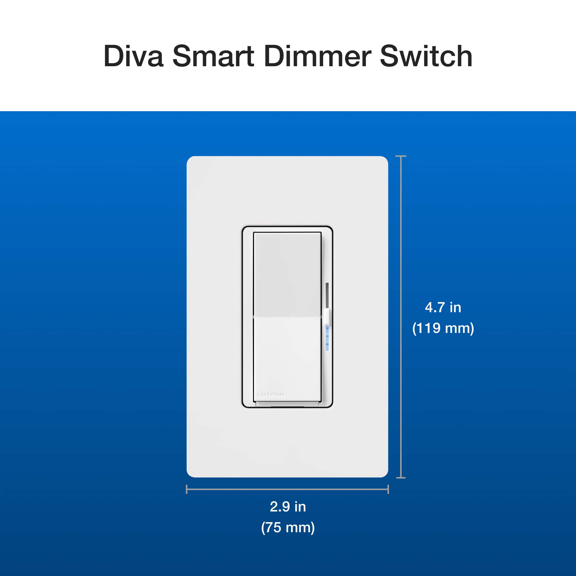 The image features a Diva Smart Dimmer Switch, which is a type of electrical switch. The switch is white and measures 4.7 inches (119 mm) in length. The switch is designed to control the lighting in a room, allowing users to adjust the brightness and create a more comfortable and energy-efficient environment.