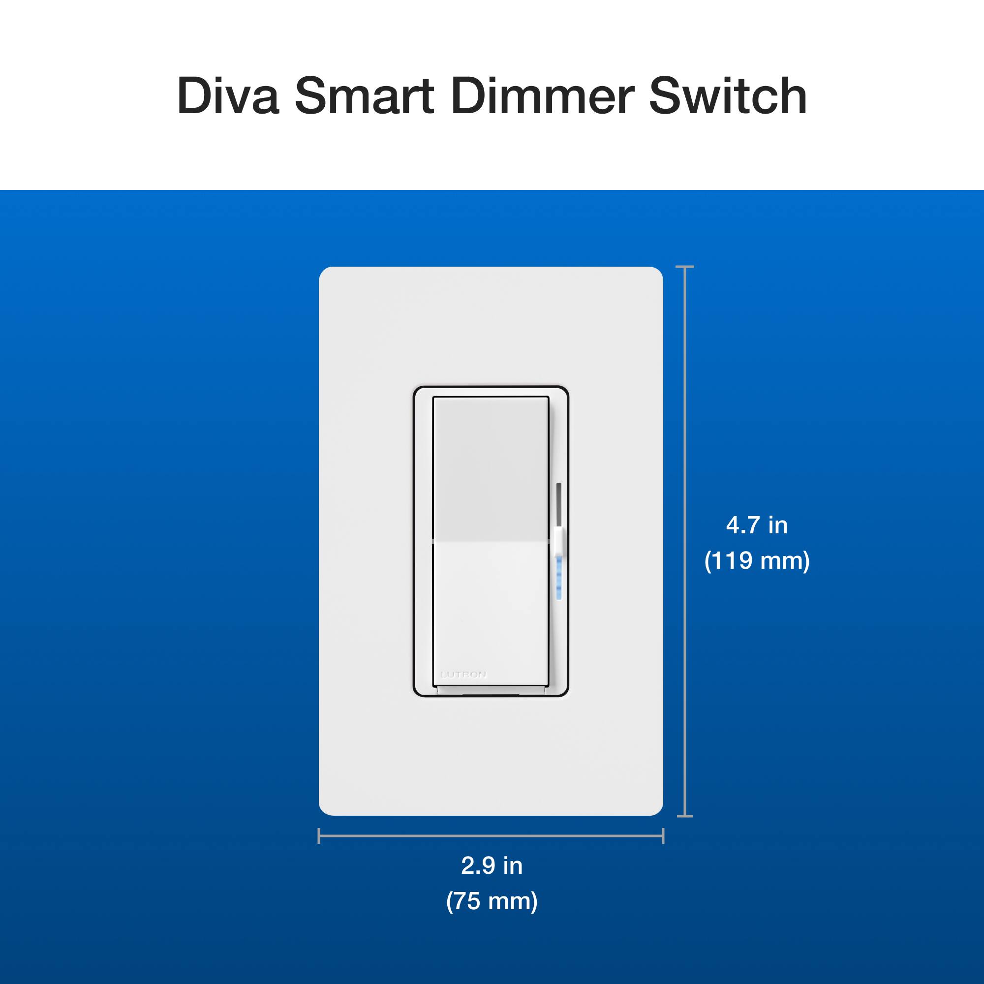 The image features a Diva Smart Dimmer Switch, which is a type of electrical switch. The switch is white and measures 4.7 inches (119 mm) in length. The switch is designed to control the lighting in a room, allowing users to adjust the brightness and create a more comfortable and energy-efficient environment.