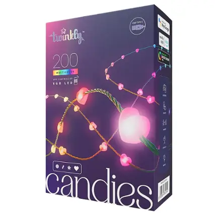 Front. Twinkly - Candies Heart Shaped 200 RGB LED Smart Light String Green Wire USB-C - Multicolor.