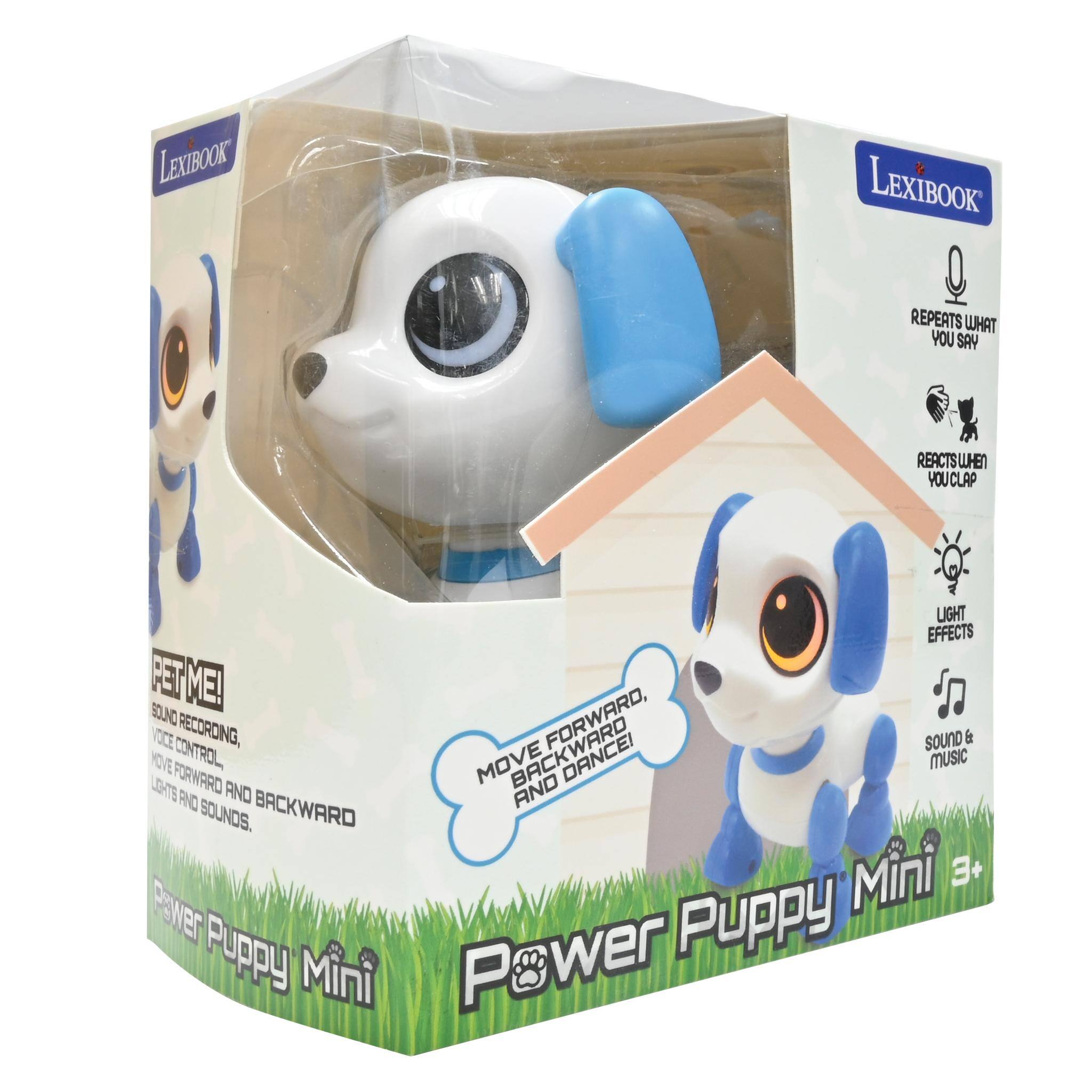 LEXIBOOK  
REPEATS WHAT YOU SAY  
REACTS WHEN YOU CLAP  
LIGHT EFFECTS  
SOUND & MUSIC  
MOVE FORWARD, BACKWARD AND DANCE!  
SOUND RECORDING, VOICE CONTROL, MOVE FORWARD AND BACKWARD, LIGHTS AND SOUNDS.  
Power Puppy Mini 3+