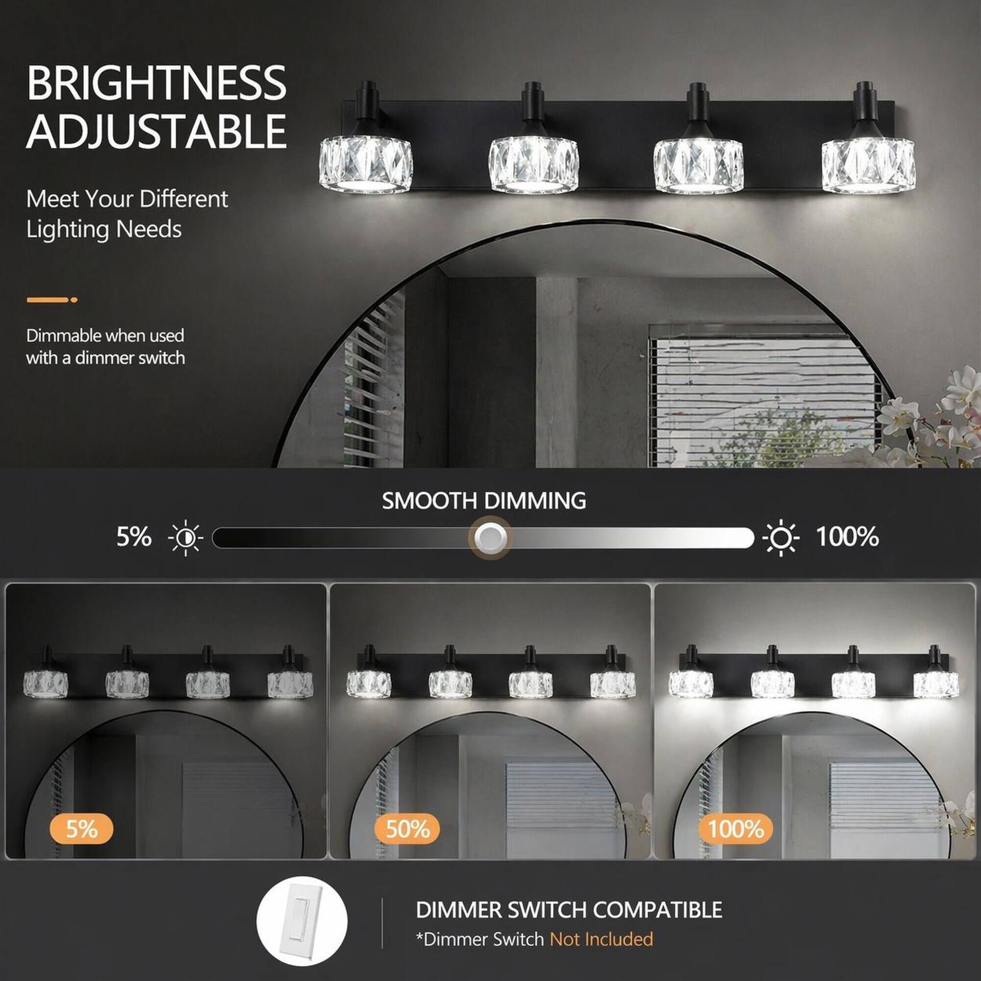 BRIGHTNESS ADJUSTABLE  
Meet Your Different Lighting Needs  
Dimmable when used with a dimmer switch  

SMOOTH DIMMING  
5%  
100%  

DIMMER SWITCH COMPATIBLE  
*Dimmer Switch Not Included