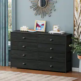Furnulem - 8 Drawers Fabric Dresser Wide Dresser with Wood Top Storage Chest - Black