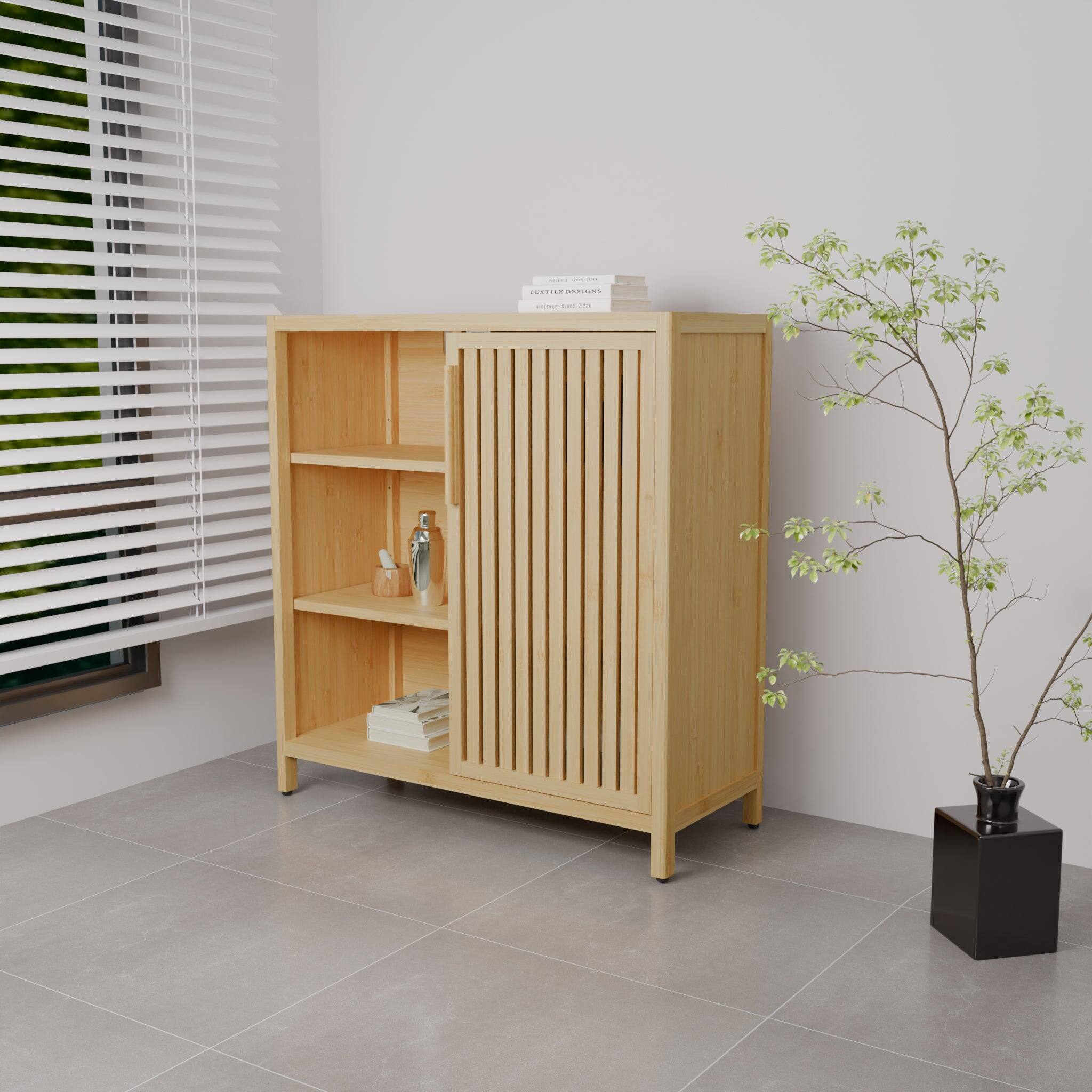 Alt View 2. Boyel Living - Large Capacity Single Door Bamboo Storage Cabinet with Open Shelves Slim Freestanding Organizer - Natural.