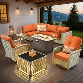 Ovios - 9 PCS Patio Furniture with 42" Fire Pit, All-Weather Rattan Sectional Sofa, Swivel Chair & Solar Table for Backyard - Orange Red